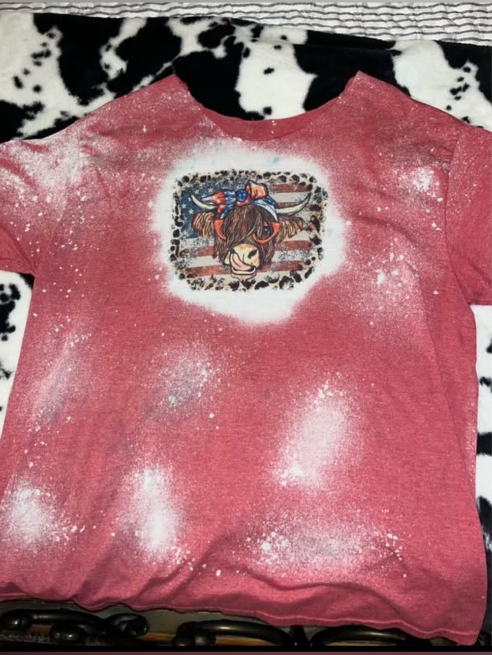 White Fox Boutique Pink Bleached Graphic Tee with Cow and Flag